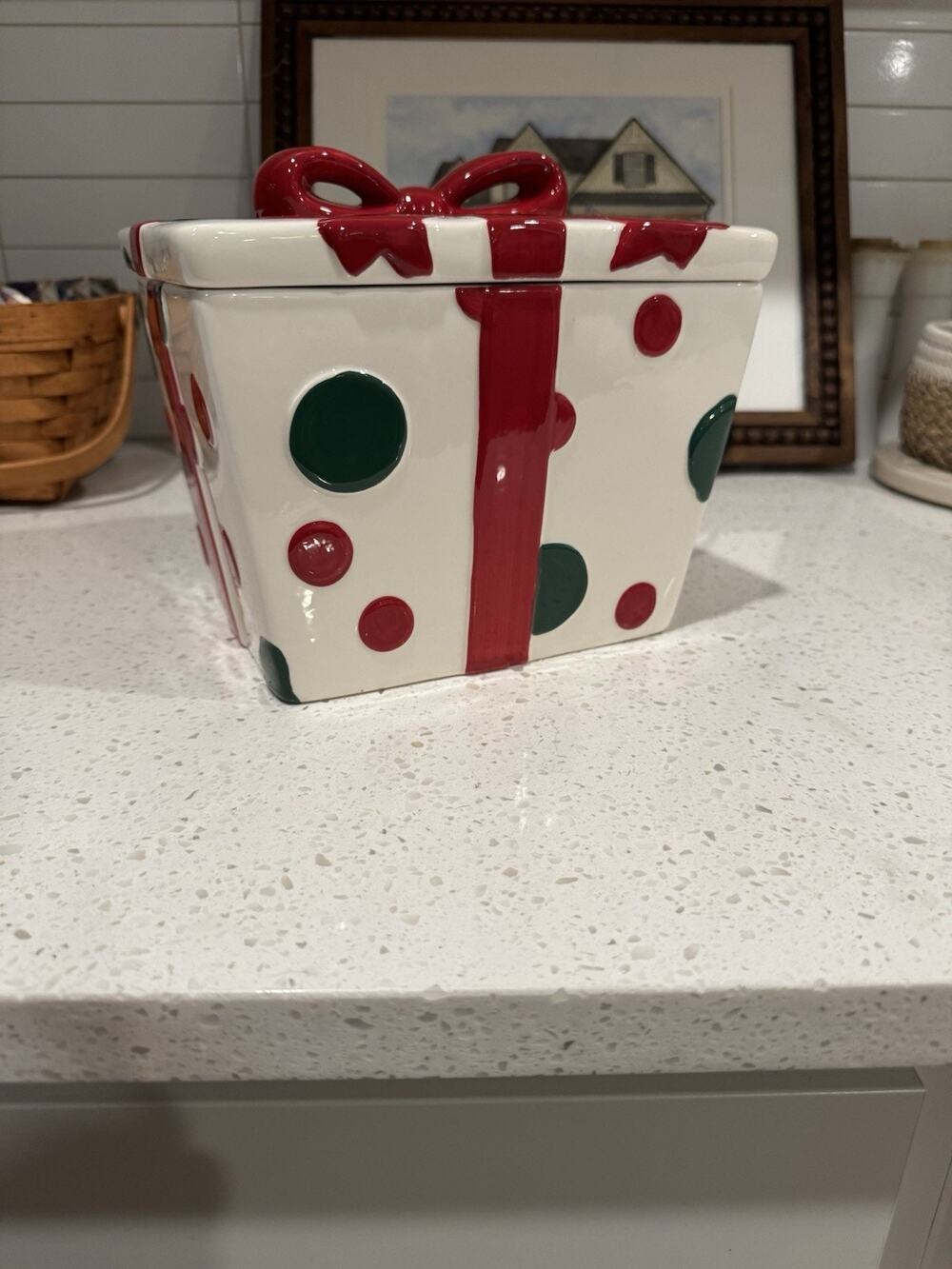 Real Home Ceramic Christmas Present Cookie Jar - Polka-dot